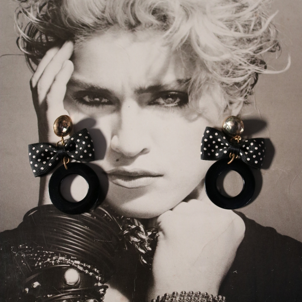 Vintage 80s Polka Dot Bow Black Earrings Lightweight